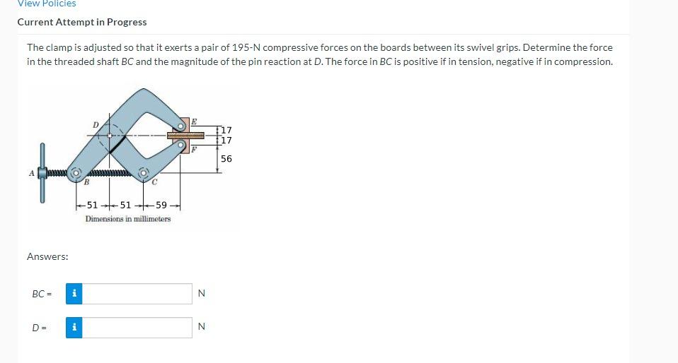 View Policies Current Attempt In Progress The Clamp Is Adjusted So That It Exerts A Pair Of 195 N Compressive Forces On 1