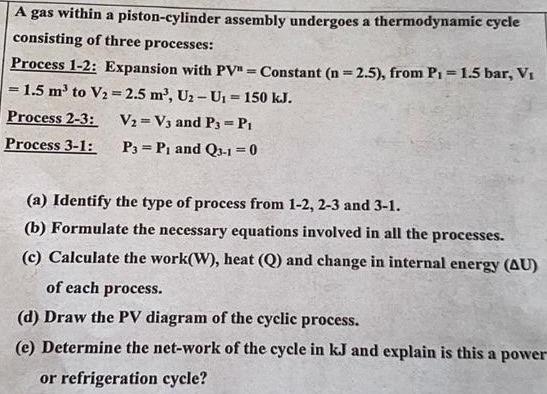 A Gas Within A Piston Cylinder Assembly Undergoes A Thermodynamic Cycle Consisting Of Three Processes Process 1 2 Expa 1