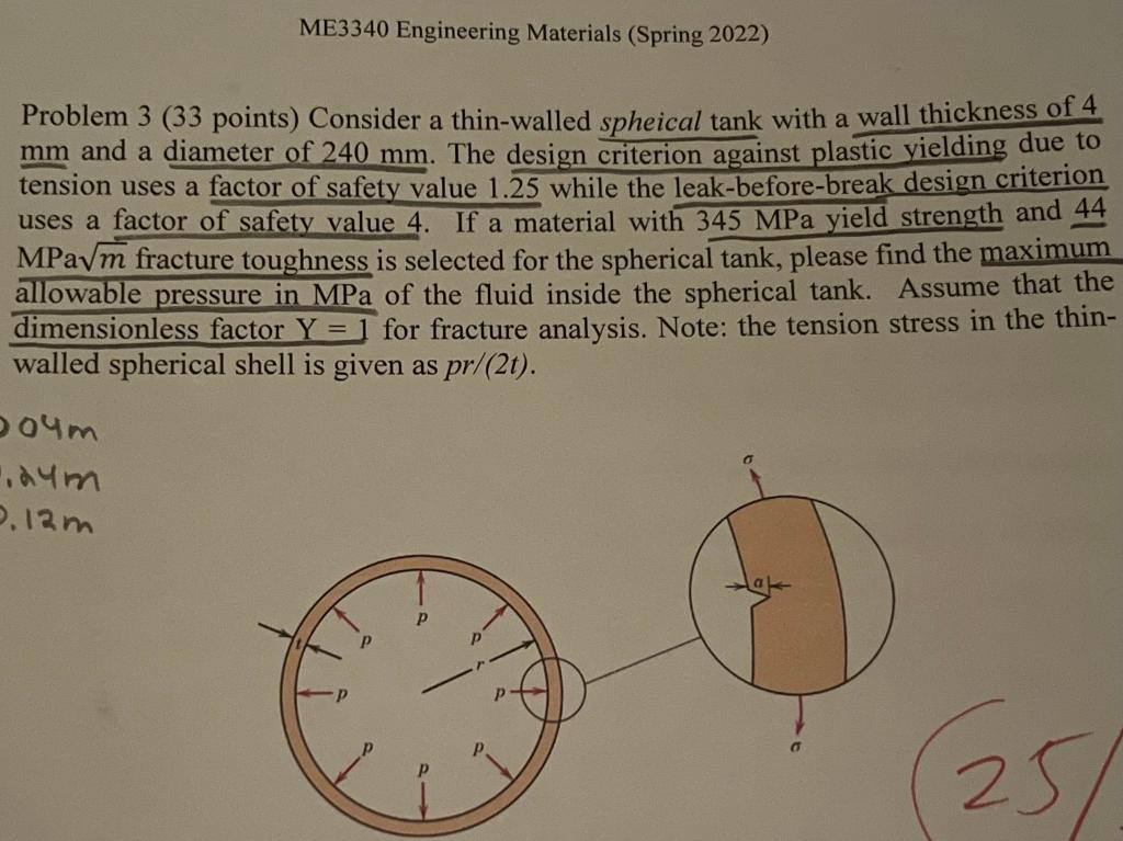 Me3340 Engineering Materials Spring 2022 Problem 3 33 Points Consider A Thin Walled Spheical Tank With A Wall Thickn 1