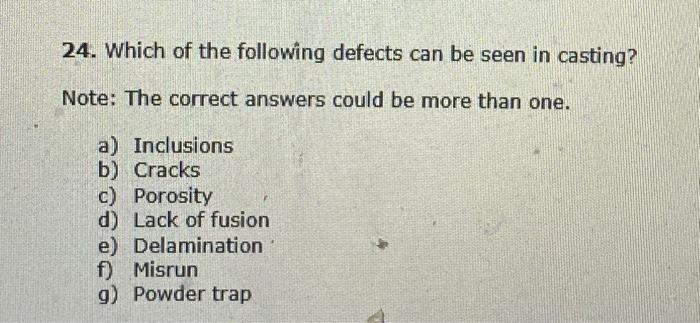 24 Which Of The Following Defects Can Be Seen In Casting Note The Correct Answers Could Be More Than One A Inclusio 1