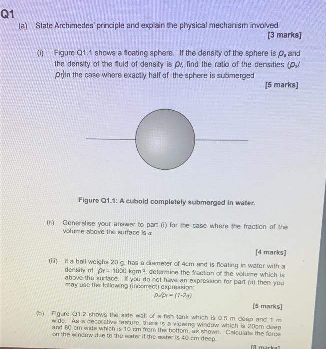 Q1 A State Archimedes Principle And Explain The Physical Mechanism Involved 3 Marks 0 Figure Q1 1 Shows A Float 1