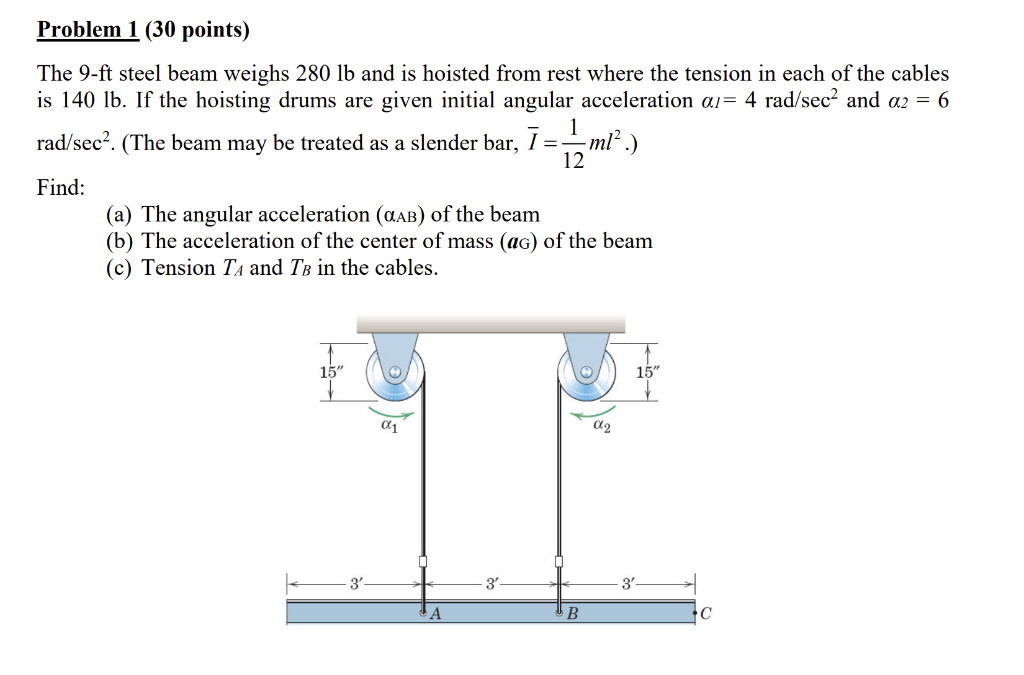 Problem 1 30 Points The 9 Ft Steel Beam Weighs 280 Lb And Is Hoisted From Rest Where The Tension In Each Of The Cables 1