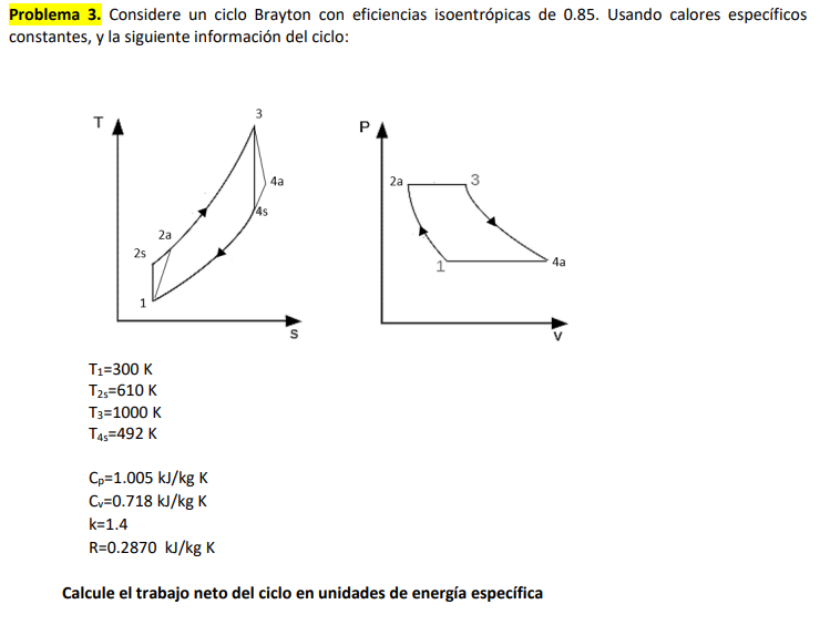 Problema 3 Considere Un Ciclo Brayton Con Eficiencias Isoentropicas De 0 85 Usando Calores Especificos Constantes Y L 1