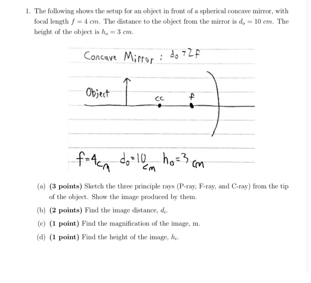 1 The Following Shows The Setup For An Object In Front Of A Spherical Concave Mirror With Focal Length F 4 Cm The D 1