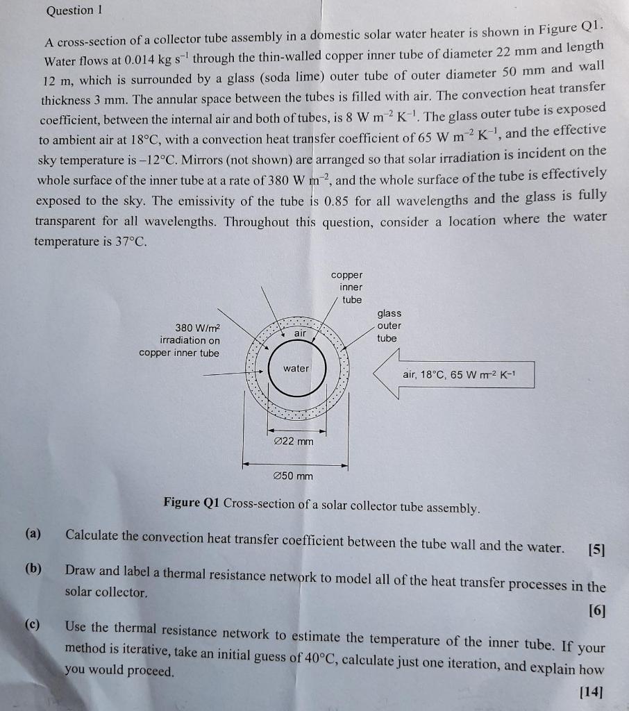 Question 1 A Cross Section Of A Collector Tube Assembly In A Domestic Solar Water Heater Is Shown In Figure Q1 Water Fl 1