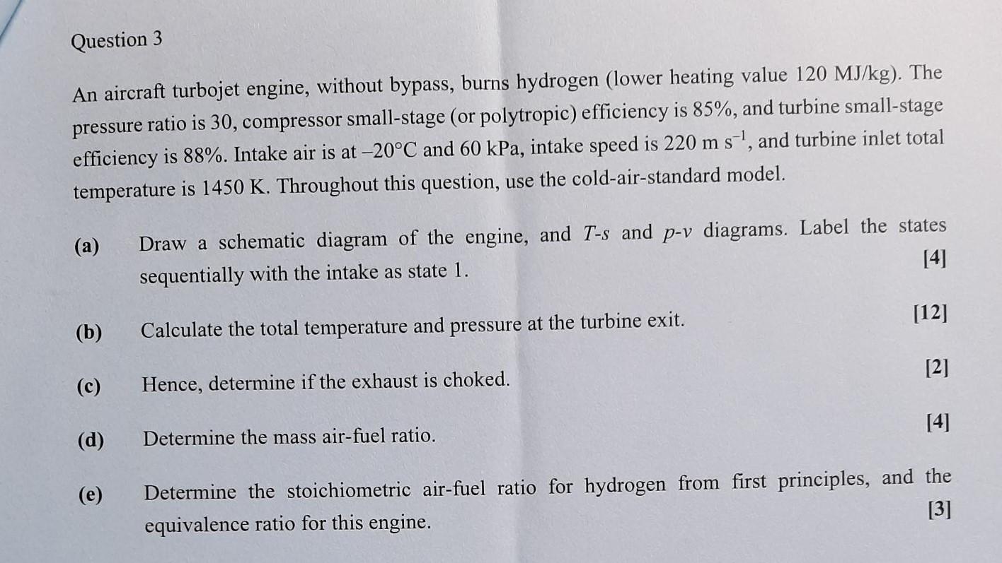 Question 3 An Aircraft Turbojet Engine Without Bypass Burns Hydrogen Lower Heating Value 120 Mj Kg The Pressure Rat 1