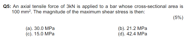 Q5 An Axial Tensile Force Of 3kn Is Applied To A Bar Whose Cross Sectional Area Is 100 Mm2 The Magnitude Of The Maximu 1