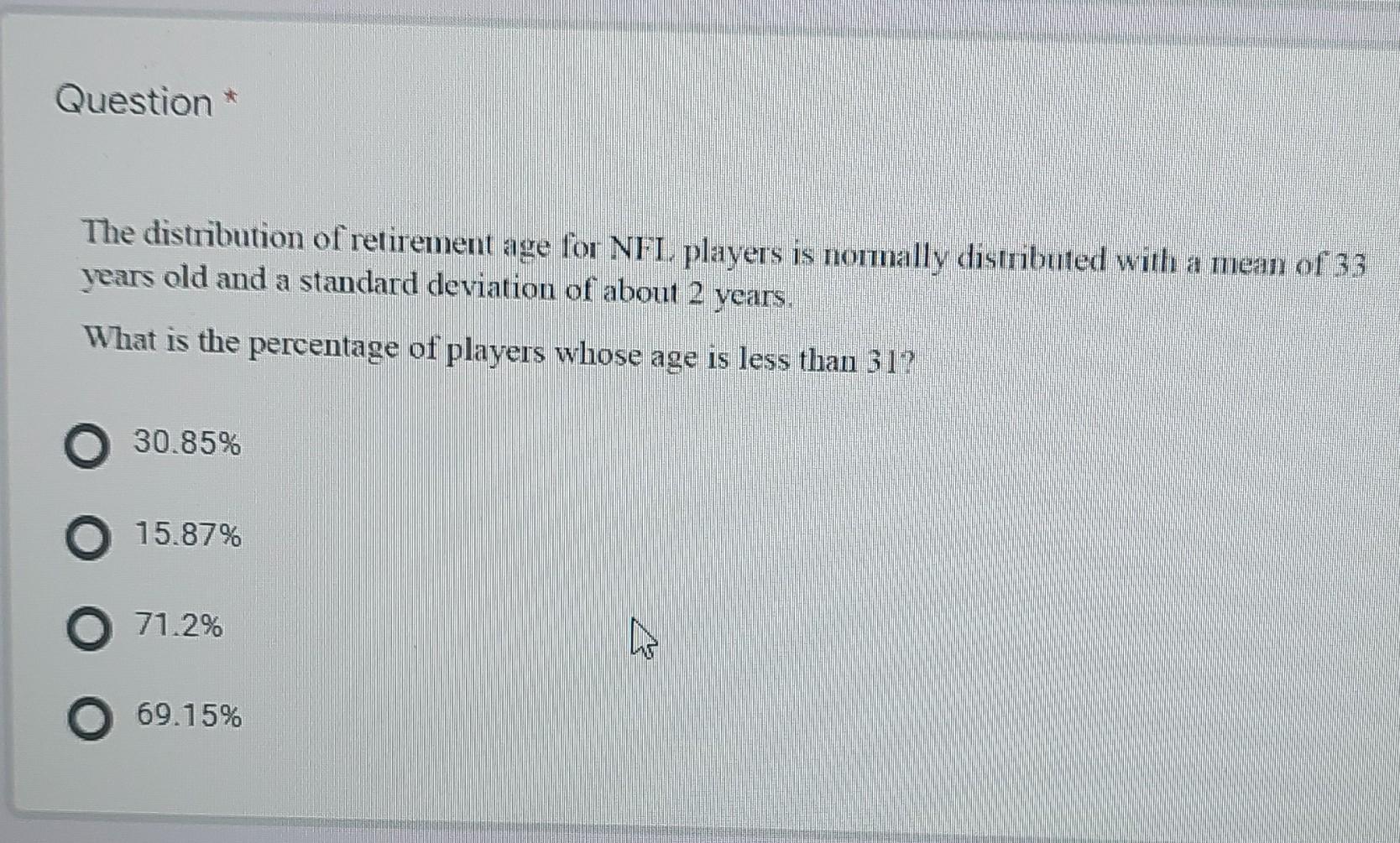 Question The Distribution Of Retirement Age For Nfl Players Is Normally Distributed With A Mean Of 33 Years Old And A 1