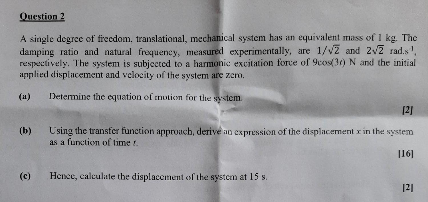 Question 2 A Single Degree Of Freedom Translational Mechanical System Has An Equivalent Mass Of 1 Kg The Damping Rati 1