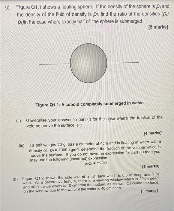 0 Figure Q1 1 Shows A Floating Sphere If The Density Of The Sphere Is Ps And The Density Of The Fluid Of Density Is 1