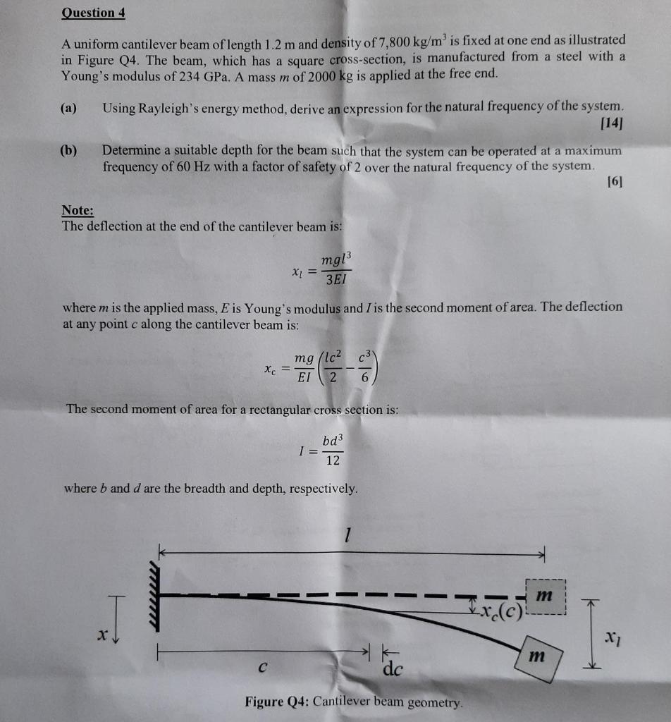 Question 4 A Uniform Cantilever Beam Of Length 1 2 M And Density Of 7 800 Kg M Is Fixed At One End As Illustrated In Fig 1