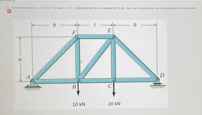 In The Truss Shown 0 5m B 5m And C 3 M Determine The Forco In Momber Elcin N Use Ve For Deresion And Va For C 1