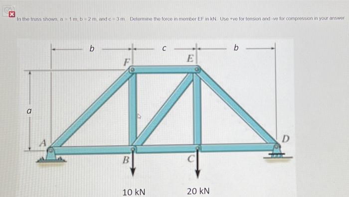 X In The Truss Shown A 1m B 2 M And C 3 M Determine The Force In Member Ef In Kn Use Ve For Tension And Ve For Comp 1