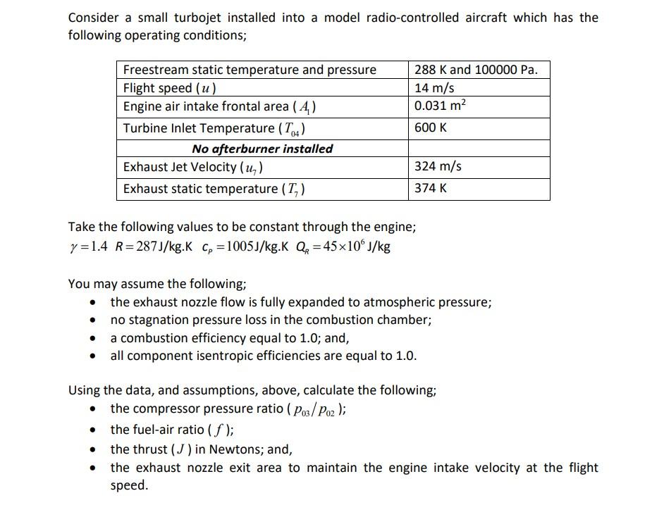 Consider A Small Turbojet Installed Into A Model Radio Controlled Aircraft Which Has The Following Operating Conditions 1