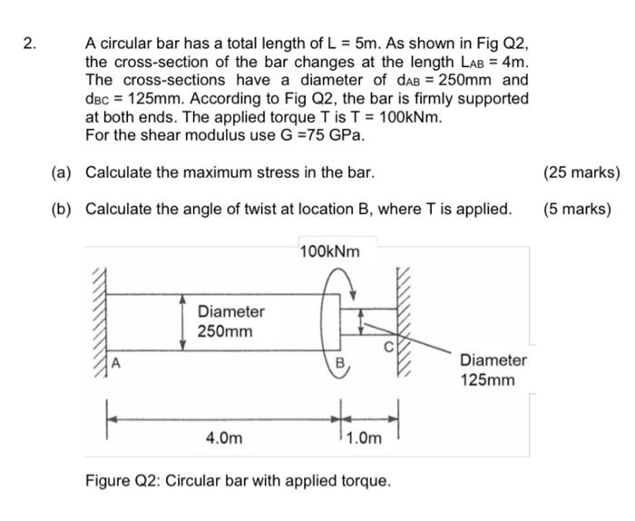 2 A Circular Bar Has A Total Length Of L 5m As Shown In Fig Q2 The Cross Section Of The Bar Changes At The Length L 1