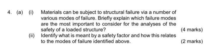 4 A I Materials Can Be Subject To Structural Failure Via A Number Of Various Modes Of Failure Briefly Explain Whic 1
