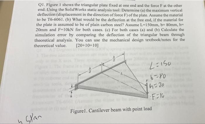 Q1 Figure I Shows The Triangular Plate Fixed At One End And The Force F At The Other End Using The Solidworks Static A 1