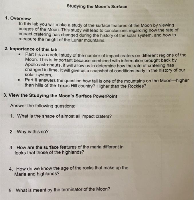 Studying The Moon S Surface A 1 Overview In This Lab You Will Make A Study Of The Surface Features Of The Moon By Viewi 1