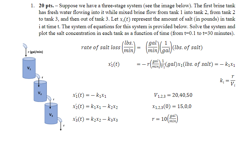 1 20 Pts Suppose We Have A Three Stage System See The Image Below The First Brine Tank Has Fresh Water Flowing In 1