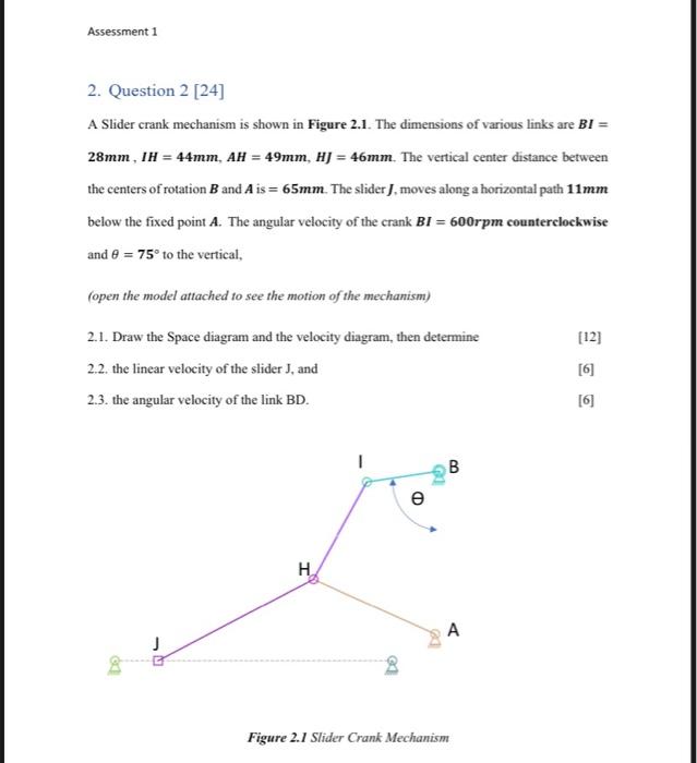 Assessment 1 2 Question 2 24 A Slider Crank Mechanism Is Shown In Figure 2 1 The Dimensions Of Various Links Are Bi 1