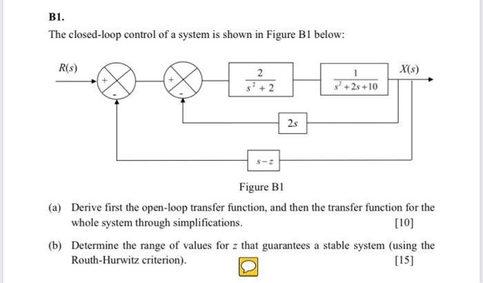 B1 The Closed Loop Control Of A System Is Shown In Figure Bl Below R S X S 2 S 2 S 2s 10 2s Figure B1 A Derive 1