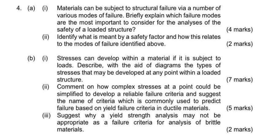 4 A I Materials Can Be Subject To Structural Failure Via A Number Of Various Modes Of Failure Briefly Explain Whic 1