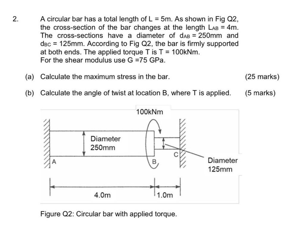 2 A Circular Bar Has A Total Length Of L 5m As Shown In Fig Q2 The Cross Section Of The Bar Changes At The Length L 1