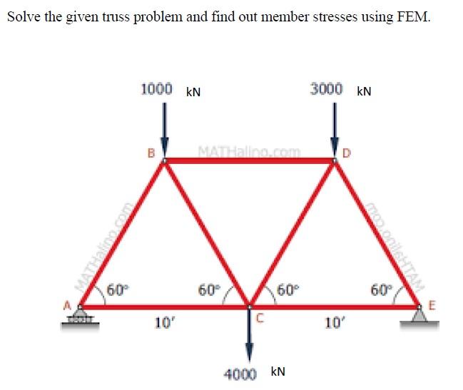 Solve The Given Truss Problem And Find Out Member Stresses Using Fem 1000 Kn 3000 Kn B Matth Com D Matra Oshtam 60 60 1