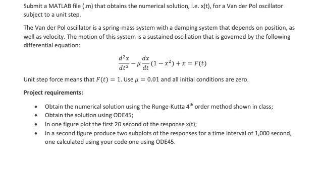 Submit A Matlab File M That Obtains The Numerical Solution I E X T For A Van Der Pol Oscillator Subject To A Unit 1