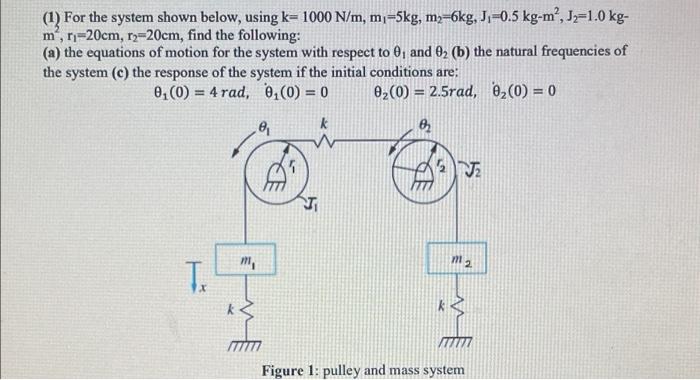 1 For The System Shown Below Using K 1000 N M Mj 5kg M3 6kg J 0 5 Kg M J2 1 0 Kg M 11 20cm R2 20cm Find T 1