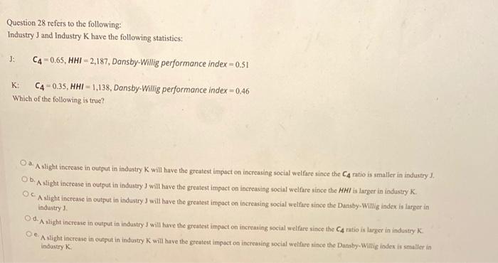 Question 28 Refers To The Following Industry And Industry K Have The Following Statistics J C4 0 65 Hhi 2 187 Dan 1