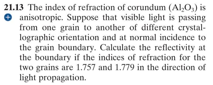 21 13 The Index Of Refraction Of Corundum Al2o3 Is Anisotropic Suppose That Visible Light Is Passing From One Grain T 1
