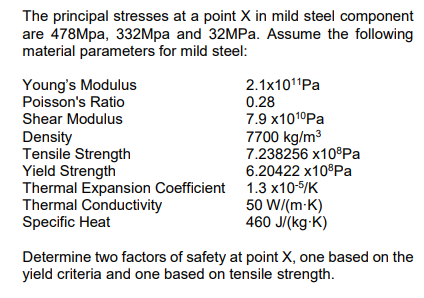 The Principal Stresses At A Point X In Mild Steel Component Are 478mpa 332mpa And 32mpa Assume The Following Material 1