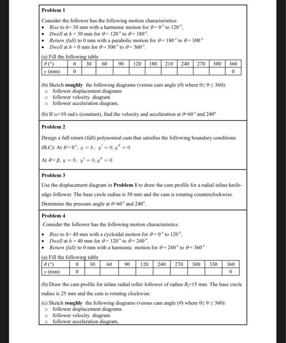 Problem 1 Consider The Follower Has The Following Motion Characteristics Rise To H 30 Mm With A Harmonic Motion For 0 0 1