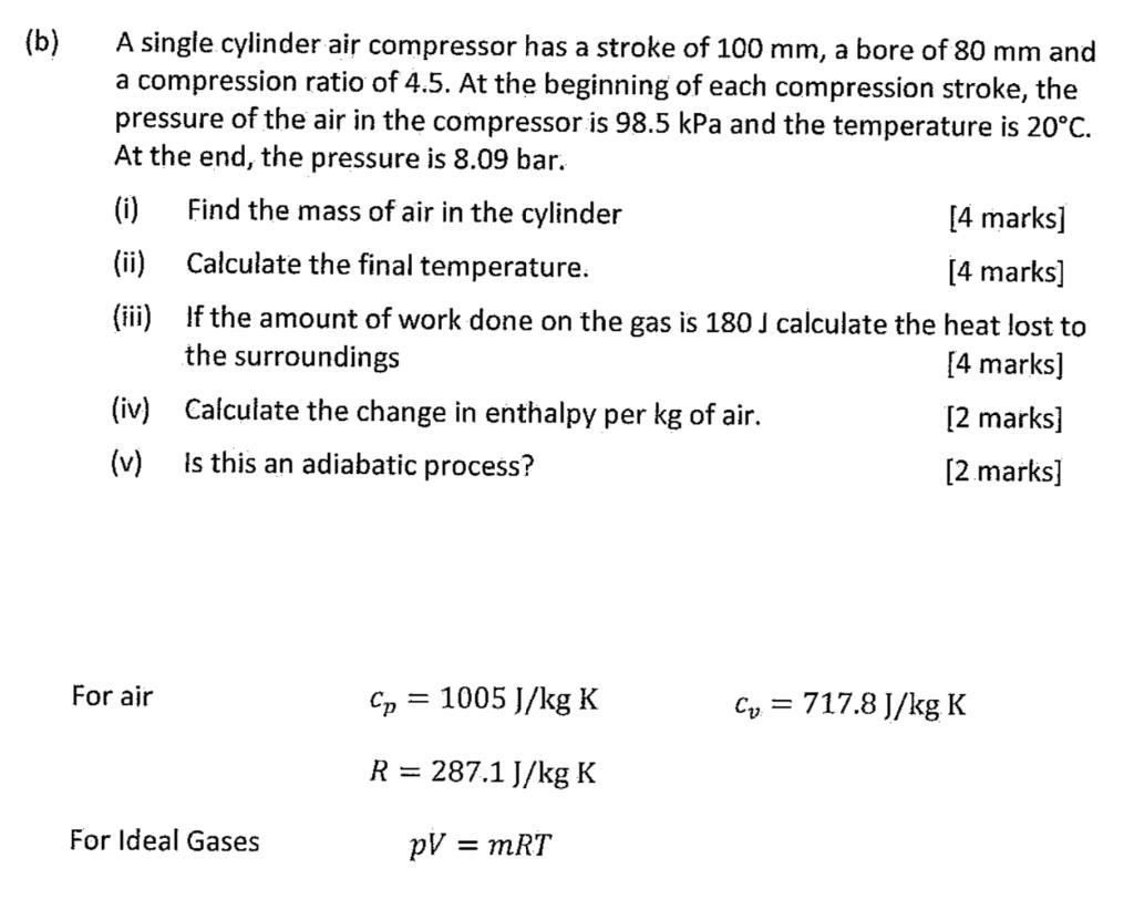 B A Single Cylinder Air Compressor Has A Stroke Of 100 Mm A Bore Of 80 Mm And A Compression Ratio Of 4 5 At The Be 1