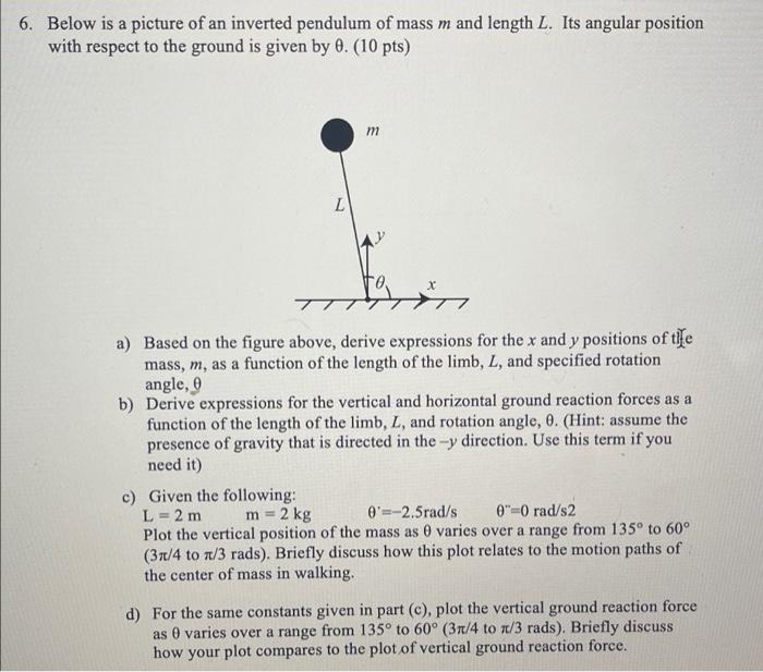 6 Below Is A Picture Of An Inverted Pendulum Of Mass M And Length L Its Angular Position With Respect To The Ground Is 1