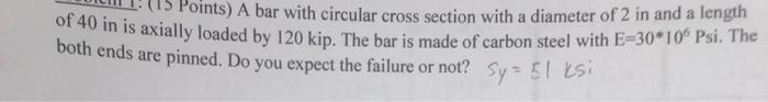 Points A Bar With Circular Cross Section With A Diameter Of 2 In And A Length Of 40 In Is Axially Loaded By 120 Kip Th 1
