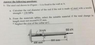 Anne The Following 1 The Steel Rod Shown In Fire 1 Is Tired To The Wall Calculate The Rod Diameter Of The Rod If The R 1