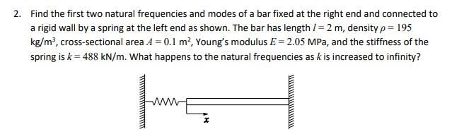 2 Find The First Two Natural Frequencies And Modes Of A Bar Fixed At The Right End And Connected To A Rigid Wall By A S 1