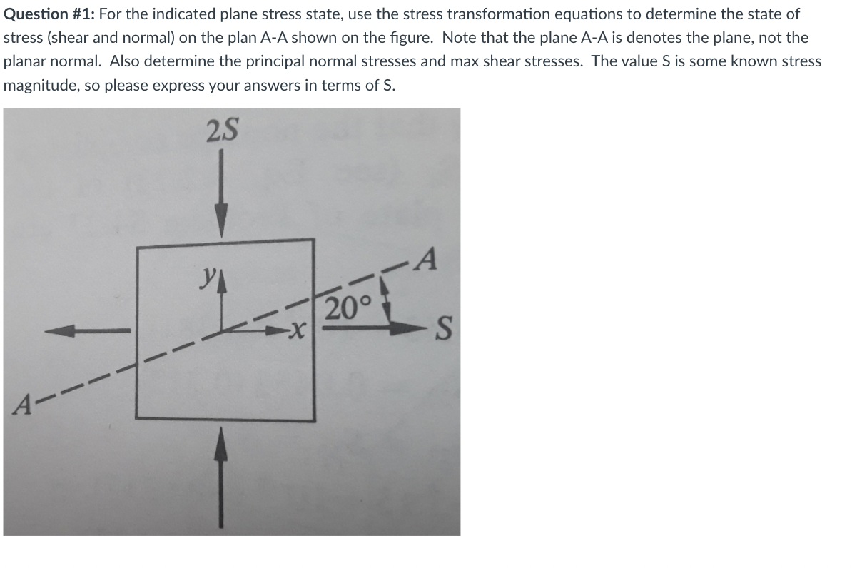 Question 1 For The Indicated Plane Stress State Use The Stress Transformation Equations To Determine The State Of Str 1