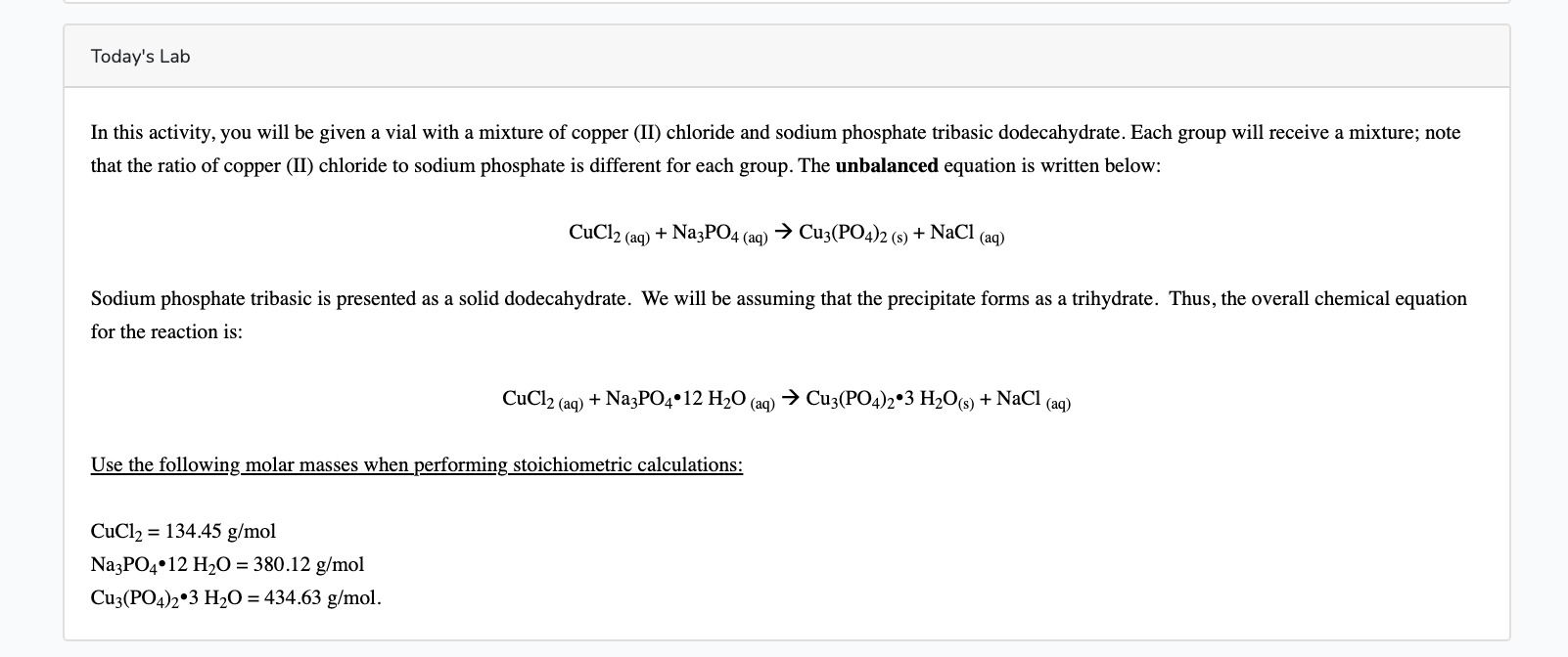 Today S Lab In This Activity You Will Be Given A Vial With A Mixture Of Copper Ii Chloride And Sodium Phosphate Triba 1