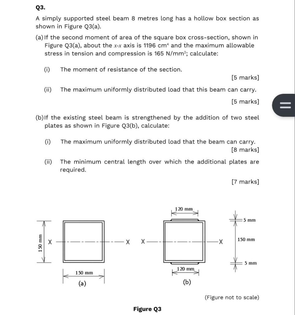 Q3 A Simply Supported Steel Beam 8 Metres Long Has A Hollow Box Section As Shown In Figure Q3 A A If The Second Mom 1