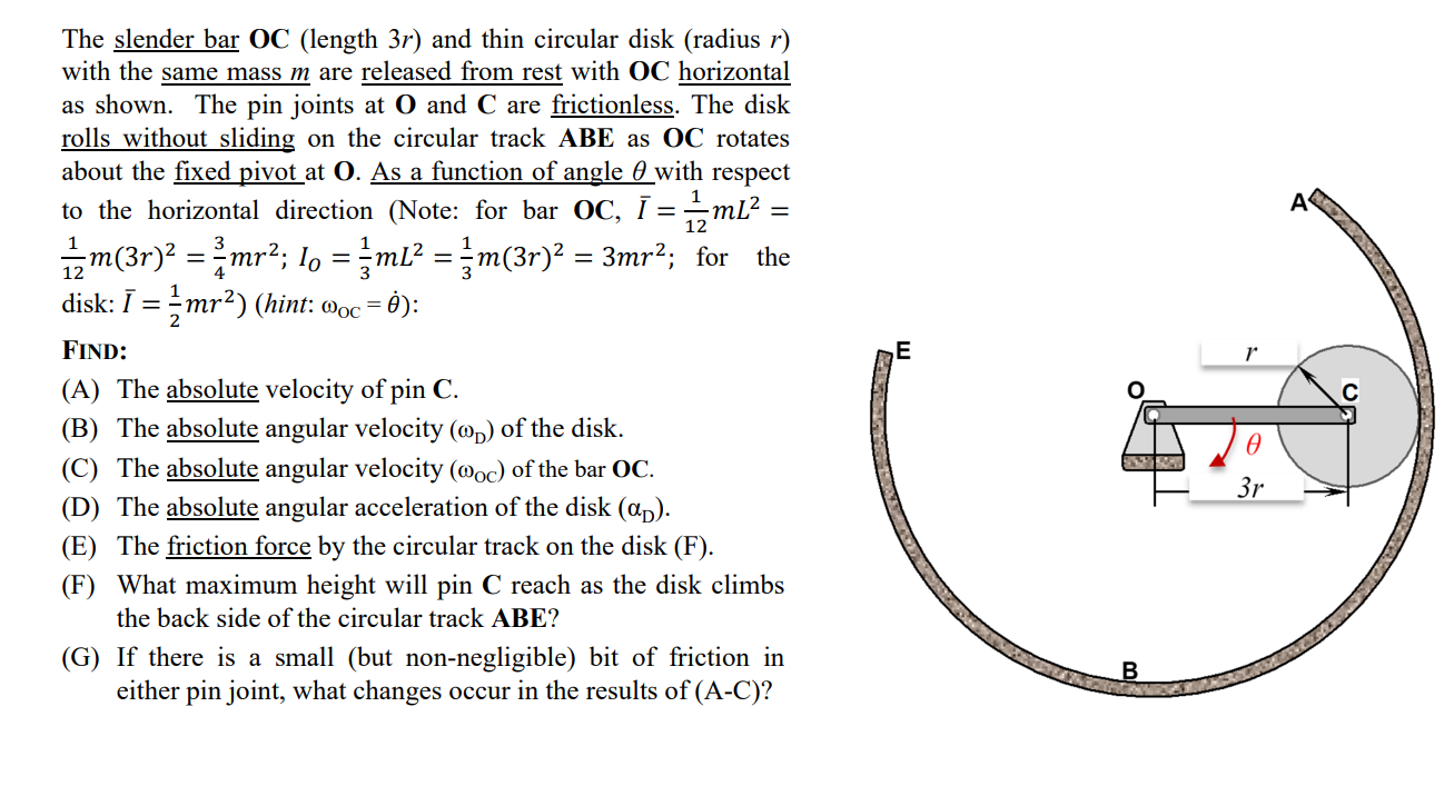 12 E R The Slender Bar Oc Length 3r And Thin Circular Disk Radius R With The Same Mass M Are Released From Rest 1