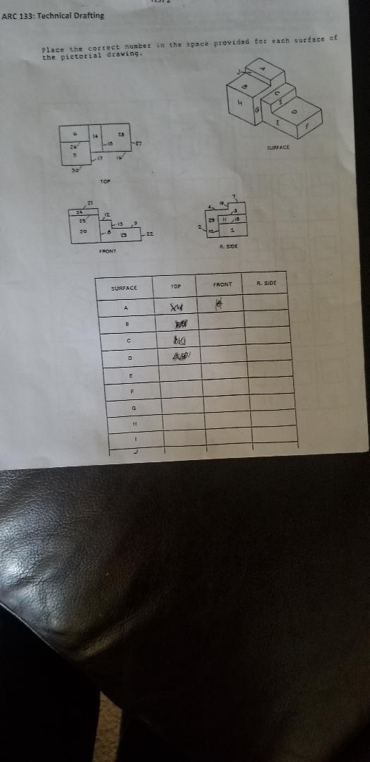 Arc 133 Technical Drafting Place The Correct Number In The Space Provided For Each Surface Of The Pictorial Drawing Su 1
