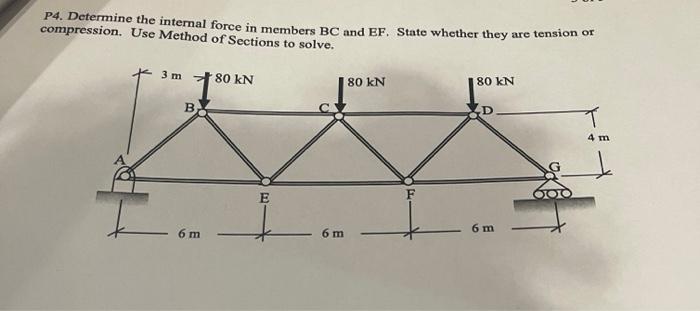 P4 Determine The Internal Force In Members Bc And Ef State Whether They Are Tension Of Compression Use Method Of Sect 1