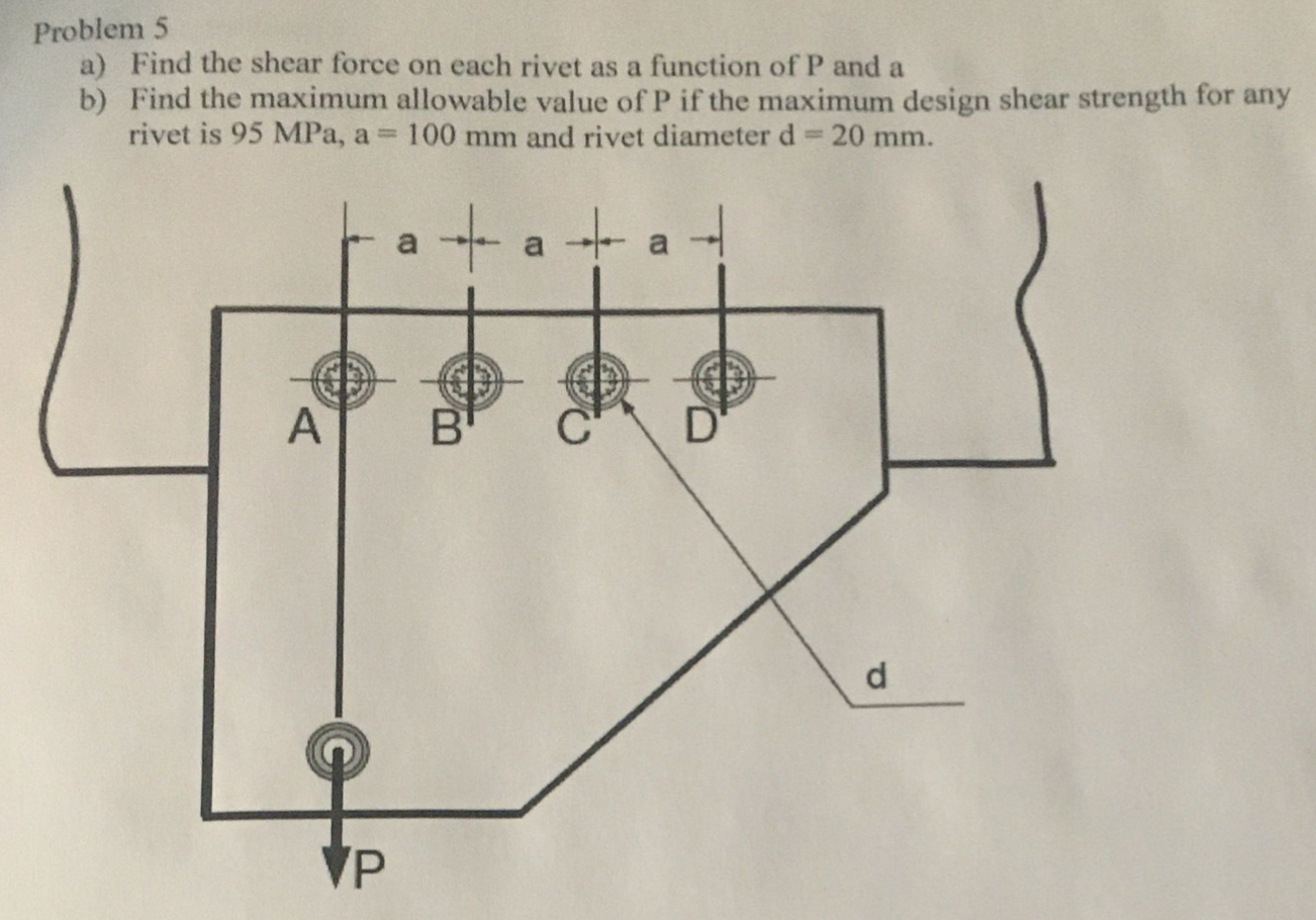 Problem 5 A Find The Shear Force On Each Rivet As A Function Of P And A B Find The Maximum Allowable Value Of P If The 1