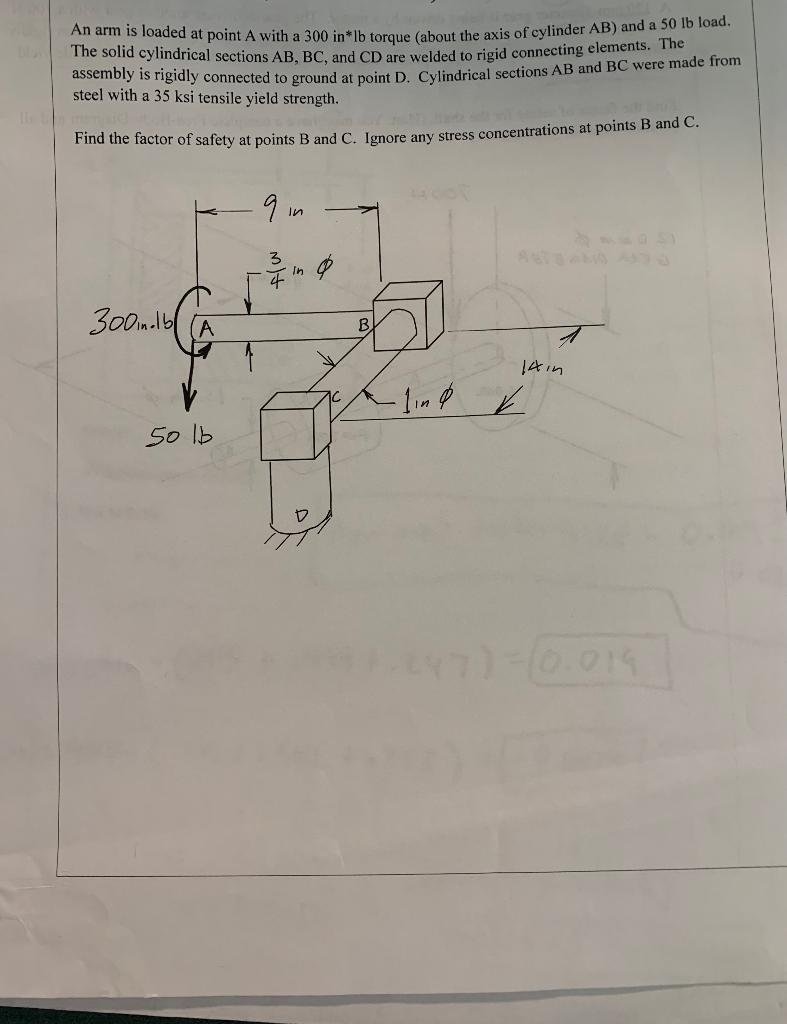 An Arm Is Loaded At Point A With A 300 In Lb Torque About The Axis Of Cylinder Ab And A 50 Lb Load The Solid Cylindri 1