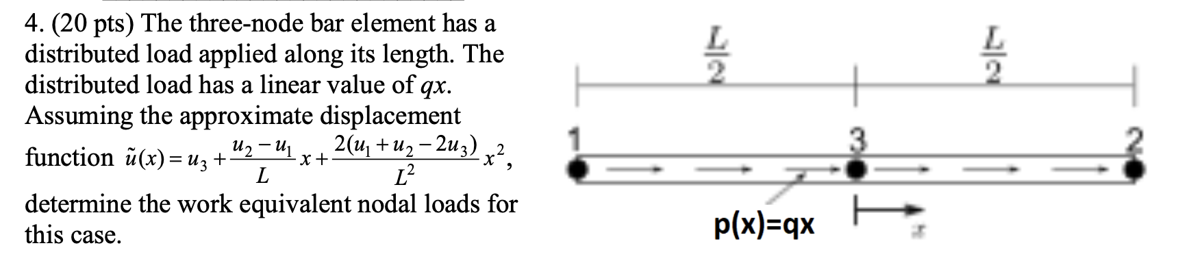 A 4 20 Pts The Three Node Bar Element Has A Distributed Load Applied Along Its Length The Distributed Load Has A Lin 1