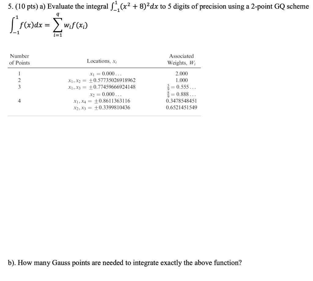 5 10 Pts A Evaluate The Integral 1 X2 8 2dx To 5 Digits Of Precision Using A 2 Point Gq Scheme Dx X Lorem W 1