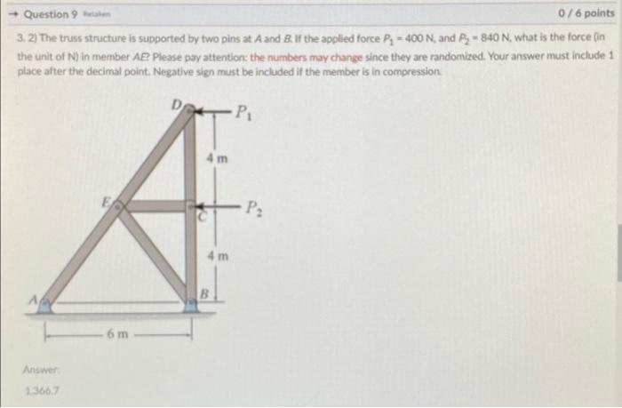 Question 9 0 6 Points 3 2 The Truss Structure Is Supported By Two Pins At A And B If The Applied Force P 400 N And 1
